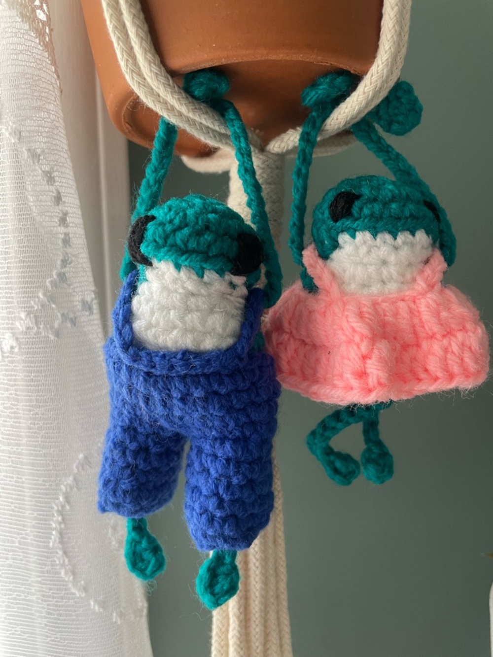 Handmade Teal Crochet  Frogs with Blue Overalls and Pink Dress